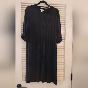 Market Spruce- (Plus-Size) Black Loose-Fit Cuffed-Sleeves Button Down Dress
